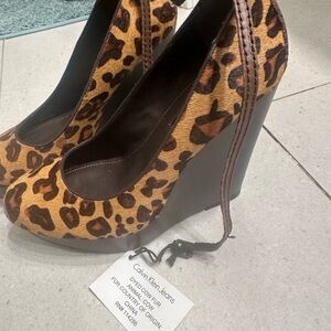 Calvin Klein Brown pony hair Leopard Wedge Shoes